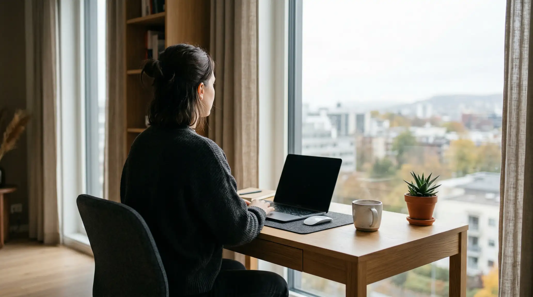 En person som sitter vid ett skrivbord med en stängd bärbar dator och en kopp kaffe, symboliserande paus från betting