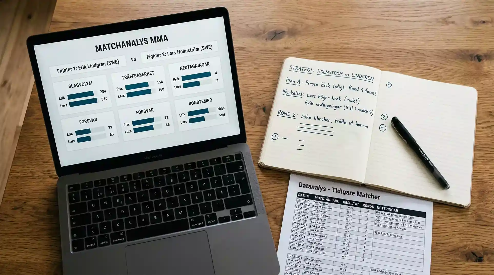 Person som analyserar UFC-fighterstatistik och odds på en bärbar dator med anteckningar och grafer