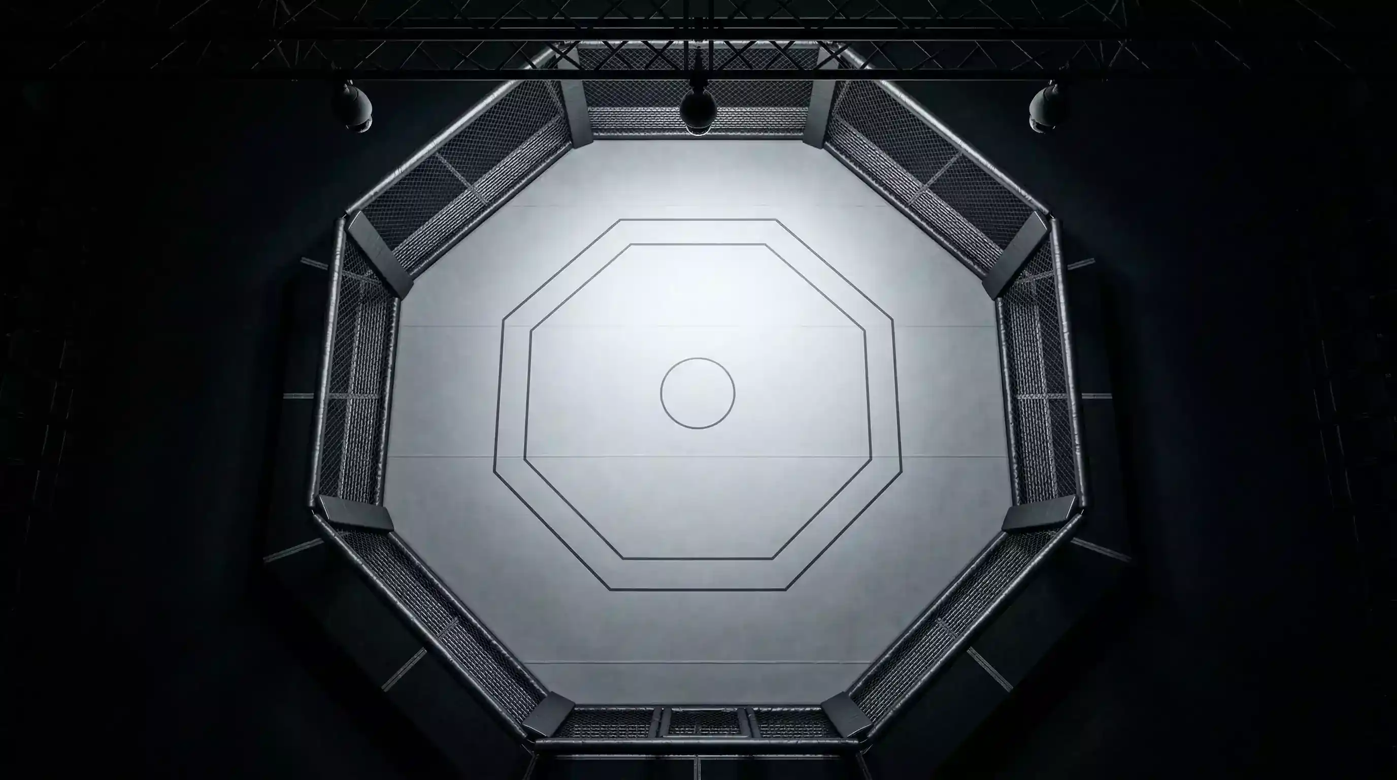 UFC-oktagon sedd ovanifrån med övervakning och säkerhetskameror som symboliserar integritetsövervakning inom MMA-betting